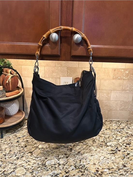Gucci Handbags - Gucci Two-Way Hobo Bag w/ Bamboo Handle  Black Nylon and Leather Trim coa